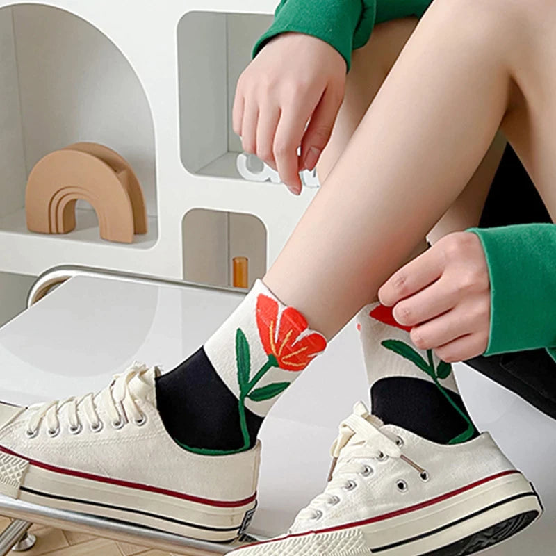 Anysox 5 Pairs One Size 5-8 White Carnation Style Cartoon Flower With Candy Color Kawaii Mid Tube Breathable Casual Short Socks For Women-Socks-PEROZ Accessories