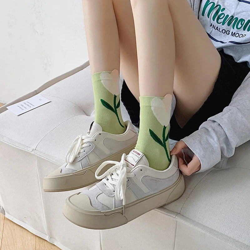 Anysox 5 Pairs One Size 5-8 White Carnation Style Cartoon Flower With Candy Color Kawaii Mid Tube Breathable Casual Short Socks For Women-Socks-PEROZ Accessories