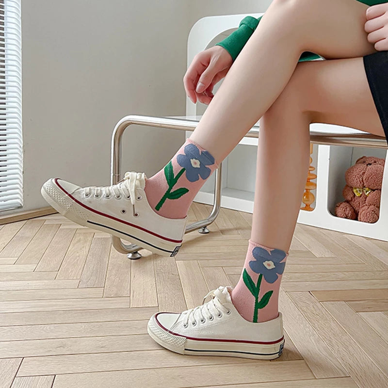 Anysox 5 Pairs One Size 5-8 White Carnation Style Cartoon Flower With Candy Color Kawaii Mid Tube Breathable Casual Short Socks For Women-Socks-PEROZ Accessories