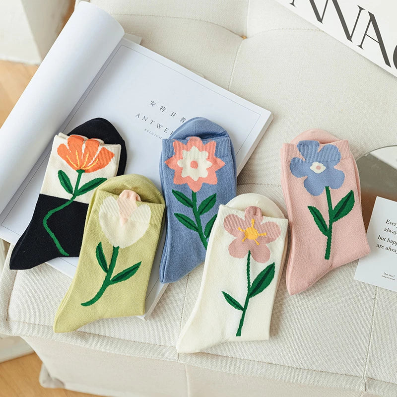 Anysox 5 Pairs One Size 5-8 White Carnation Style Cartoon Flower With Candy Color Kawaii Mid Tube Breathable Casual Short Socks For Women-Socks-PEROZ Accessories