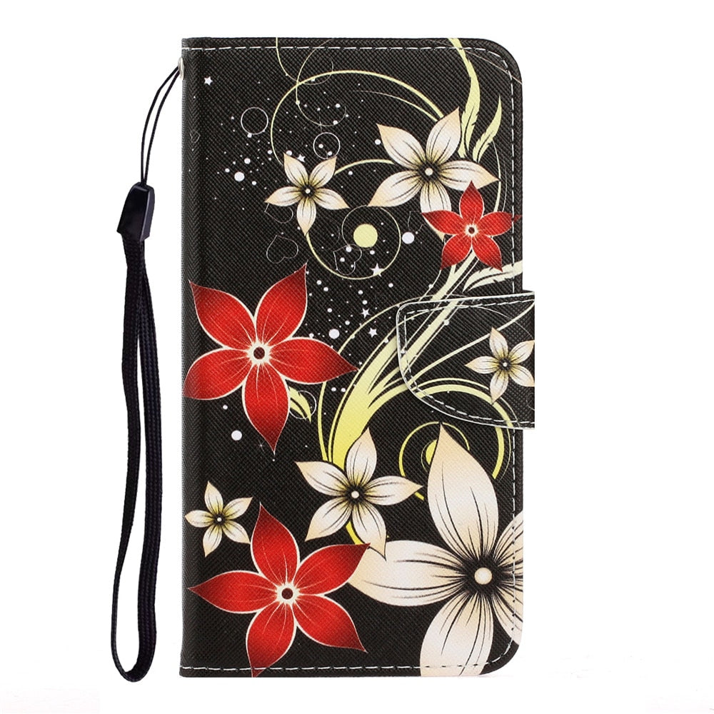 Anymob Samsung Red And White Wildflower Magnetic Flip Wallet Case Painted Leather Phone Cover-Mobile Phone Cases-PEROZ Accessories