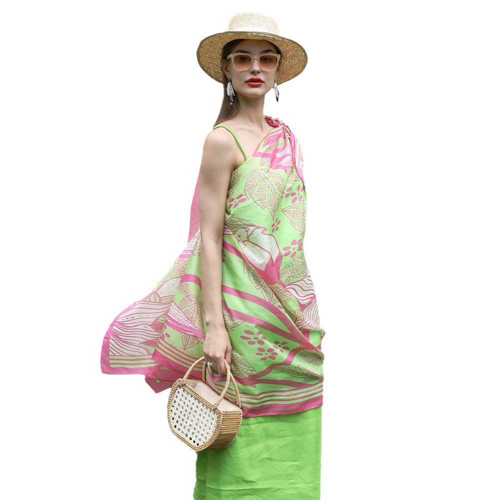 Anyyou 100% Mulberry Silk Pink And Green Long Scarf Luxury Brand Women Beach Shawl Wear Swimwear Pashimina Face Shield Foulard-Scarves-PEROZ Accessories