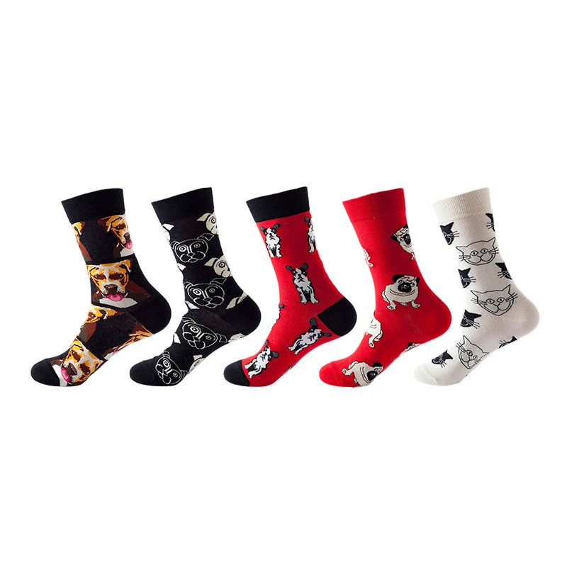 Anysox 5 Pairs One Size 5-11 Mixed Color Set Christmas Socks Cotton Fashion Dog and Cat Woman Skateboard Oil Paitiing-Socks-PEROZ Accessories