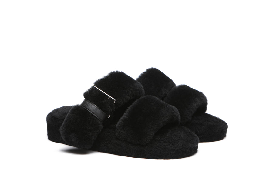 Australian Shepherd Fluffy Slides Women Jamia High Platform Sheepskin Wool-Slides-PEROZ Accessories