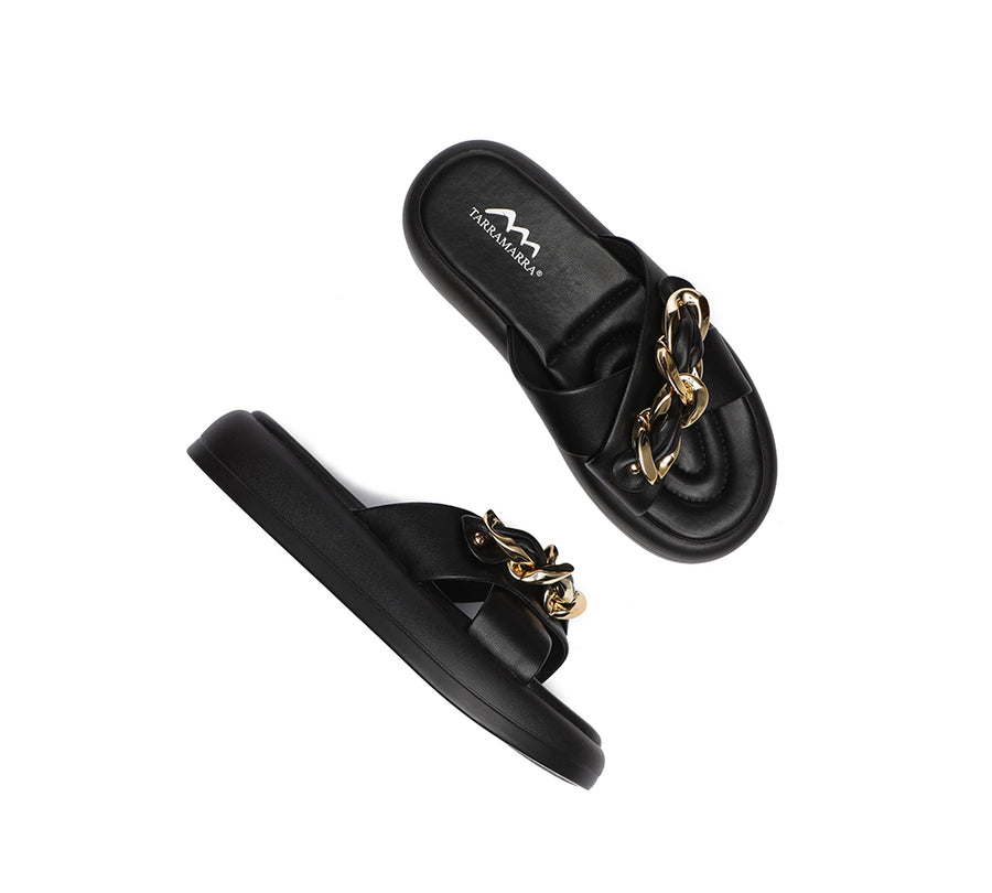 Tarramarra Metal Embellished Criss Cross Platform Slides Women Chiffon-Slides-PEROZ Accessories