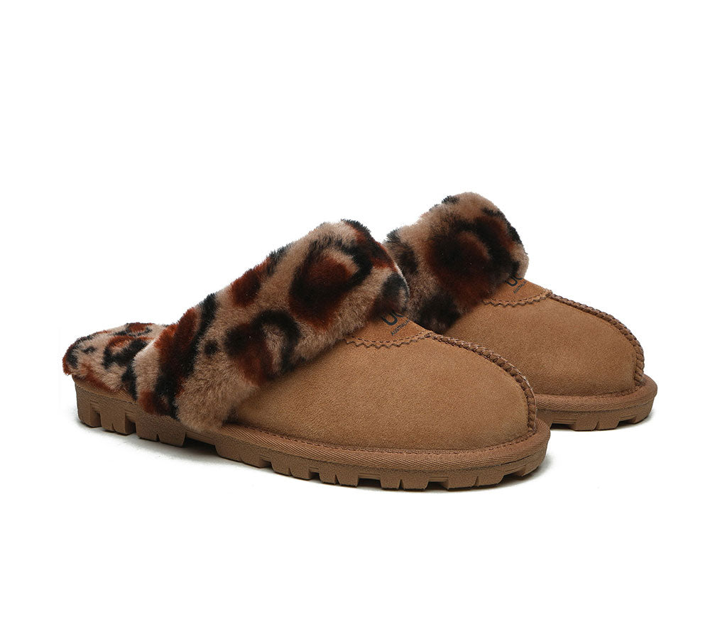 UGG Slippers Double Face Sheepskin Women Leopard Print Slipper-Slippers-PEROZ Accessories