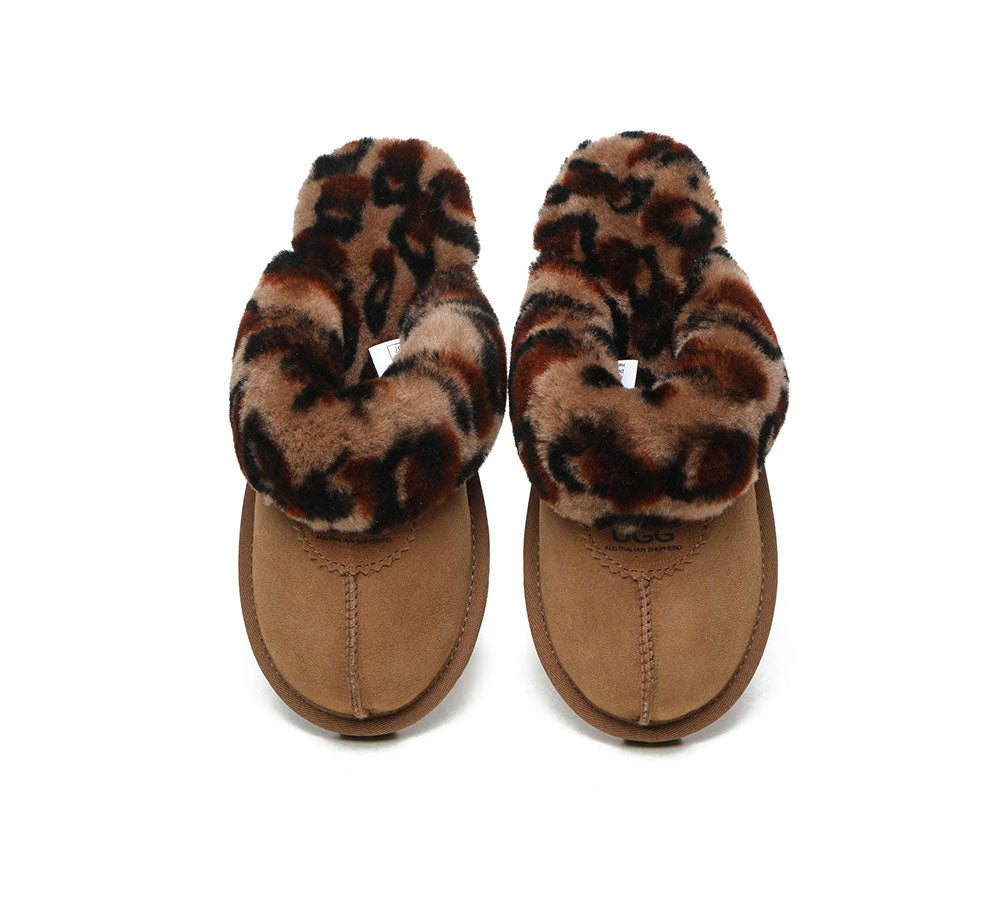UGG Slippers Double Face Sheepskin Women Leopard Print Slipper-Slippers-PEROZ Accessories