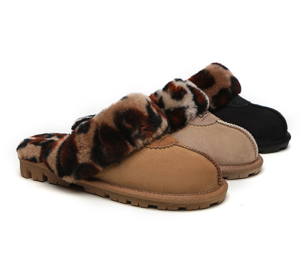 UGG Slippers Double Face Sheepskin Women Leopard Print Slipper-Slippers-PEROZ Accessories