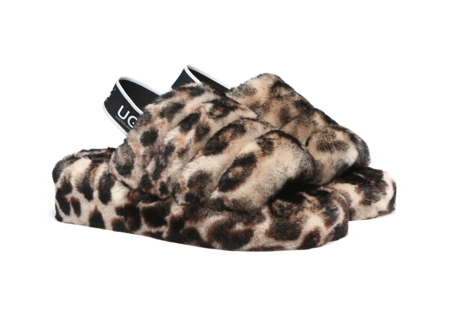 Australian Shepherd Leopard Print Fluffy Slides Sheepskin Wool Women Pamela-Slides-PEROZ Accessories