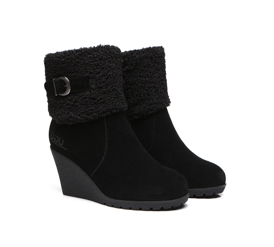 Australian Shepherd Zipper Sheepskin Shearling Wedge Fashion Boots Women Joanna-Boots-PEROZ Accessories