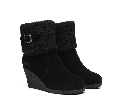 Australian Shepherd Zipper Sheepskin Shearling Wedge Fashion Boots Women Joanna-Boots-PEROZ Accessories