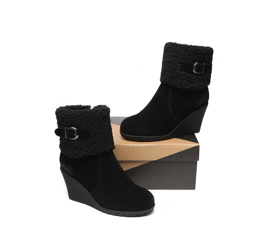 Australian Shepherd Zipper Sheepskin Shearling Wedge Fashion Boots Women Joanna-Boots-PEROZ Accessories