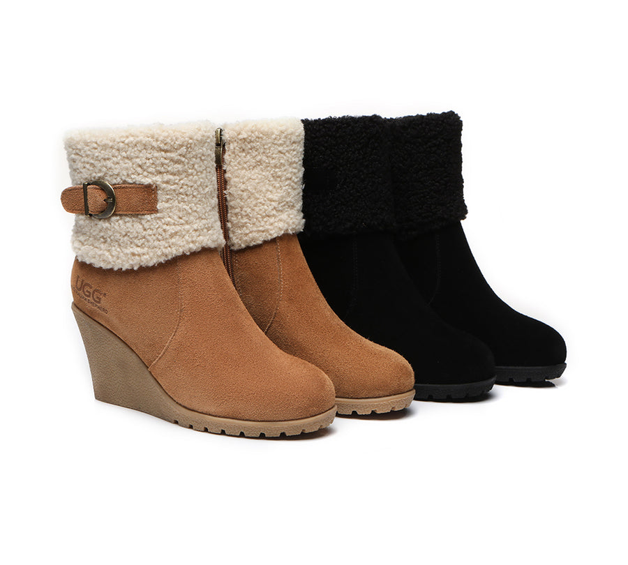 Australian Shepherd Zipper Sheepskin Shearling Wedge Fashion Boots Women Joanna-Boots-PEROZ Accessories