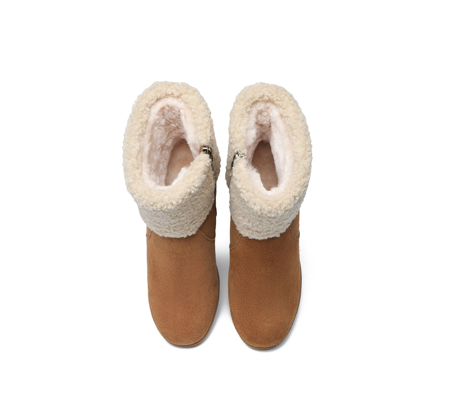 Australian Shepherd Zipper Sheepskin Shearling Wedge Fashion Boots Women Joanna-Boots-PEROZ Accessories