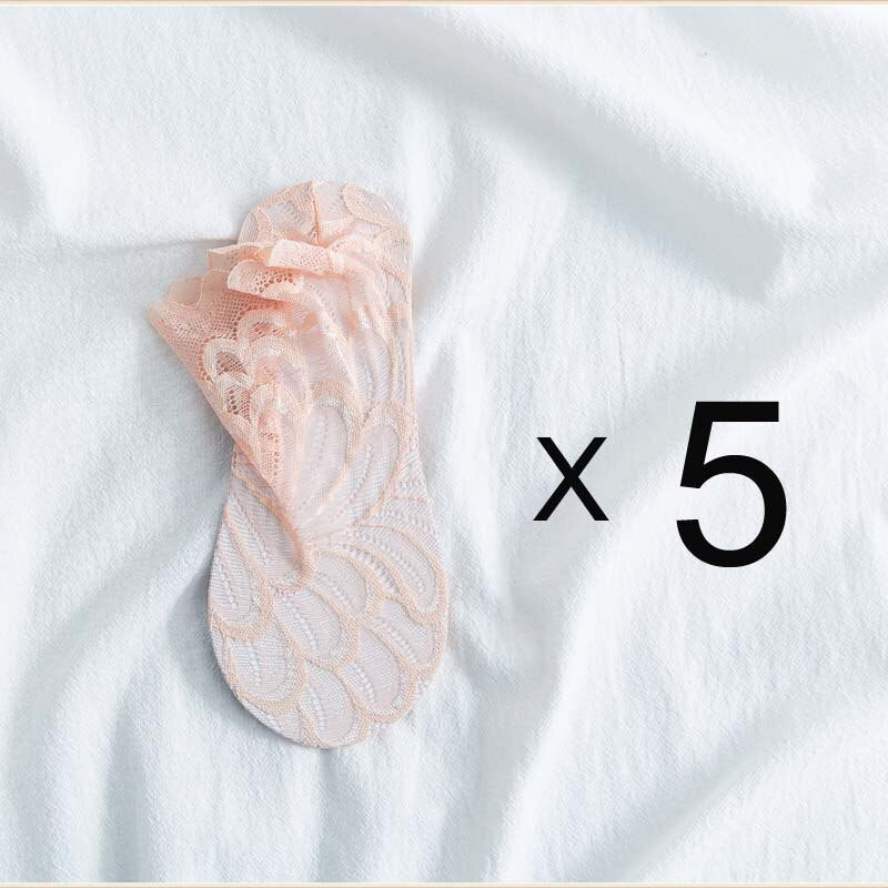 Anysox 5 Pairs One Size 4-5 Beige Fashion Summer Socks With Style Lace Peacock Flower Short Ankle Socks For Women-Socks-PEROZ Accessories