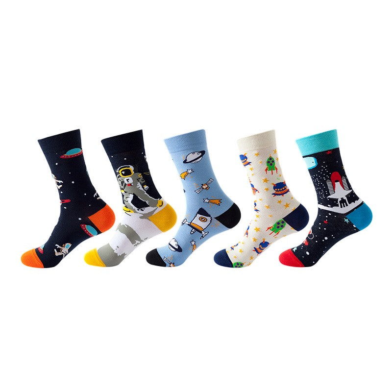 Anysox 5 Pairs One Size 5-11 Mixed Color Set Christmas Socks Cotton Fashion Space Craft Woman Skateboard Oil Paitiing-Socks-PEROZ Accessories