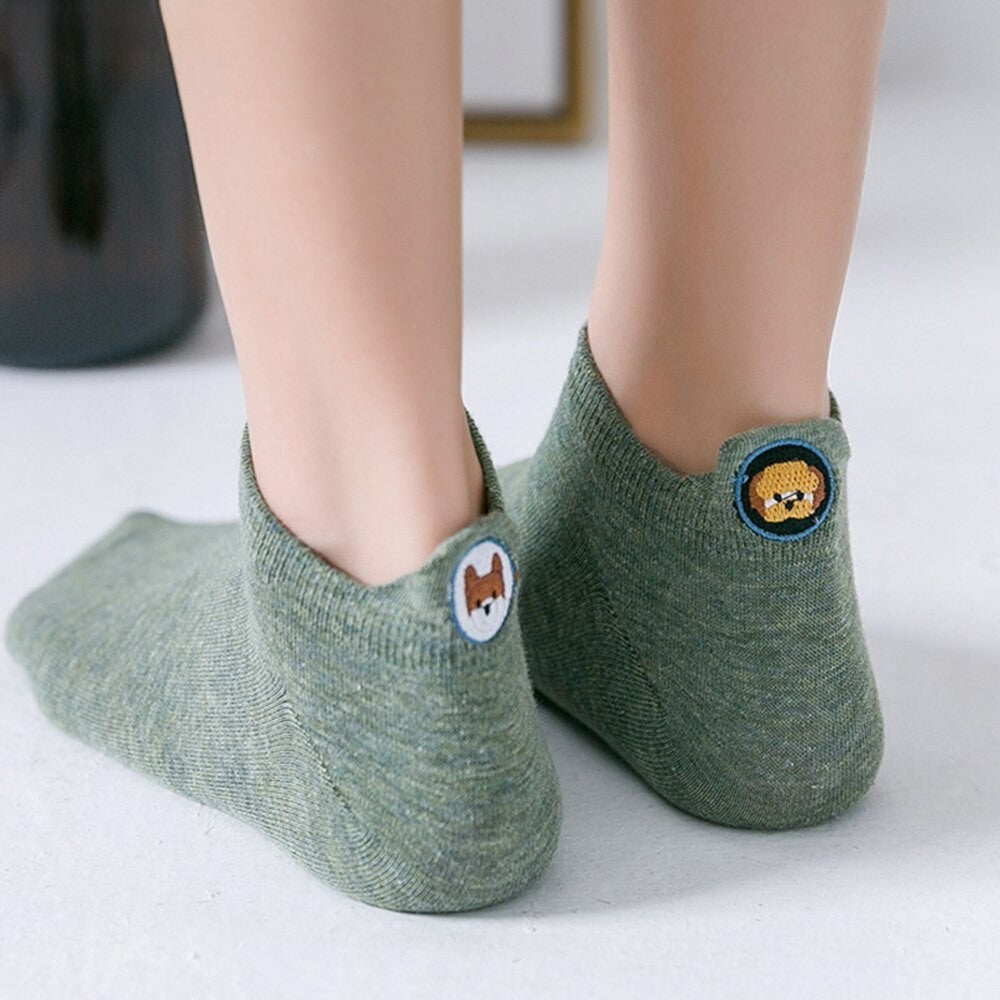 Anysox 5 Pairs One Size 4-5 Khaki Fashion Funny Unisex Stereoscopic Heel Embroidered Women Candy Color Cotton Short Cute Socks-Socks-PEROZ Accessories