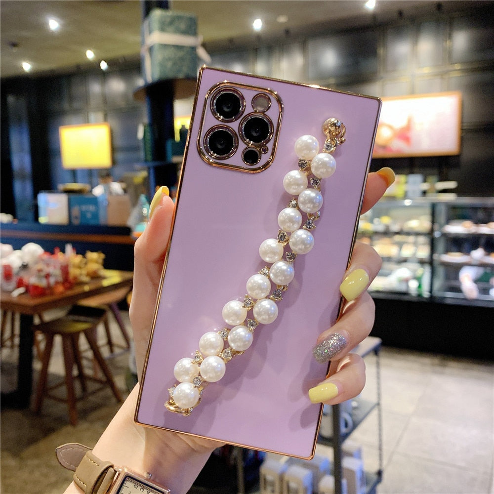 Anymob iPhone Case Purple Pearl Diamond Bracelet Square Plating Soft Chain Back Cover-Mobile Phone Cases-PEROZ Accessories
