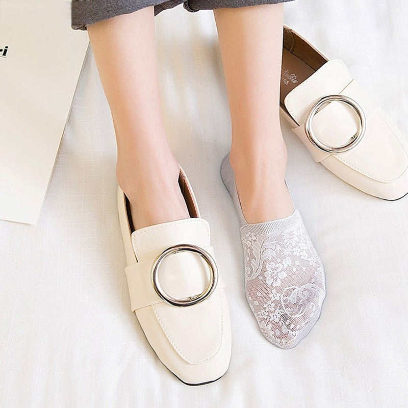 Anysox 5 Pairs Size 5-9 Fashion Socks Lace Flower Style Breathable Antiskid Invisible Ankle Socks for Women Grey-Socks-PEROZ Accessories