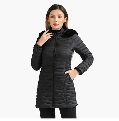 Anychic Womens Padded Puffer Jacket Large Beige Ultralight Casual Coats With Fur Hooded Warm Lightweight Outerwear-Coats &amp; Jackets-PEROZ Accessories