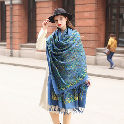 Anyyou 100% Merino Wool French Blue Silk Satin Large Winter Scarf Pashmina Shawl Bandana Perfect For Women Ladies Fashion Style-Scarves-PEROZ Accessories