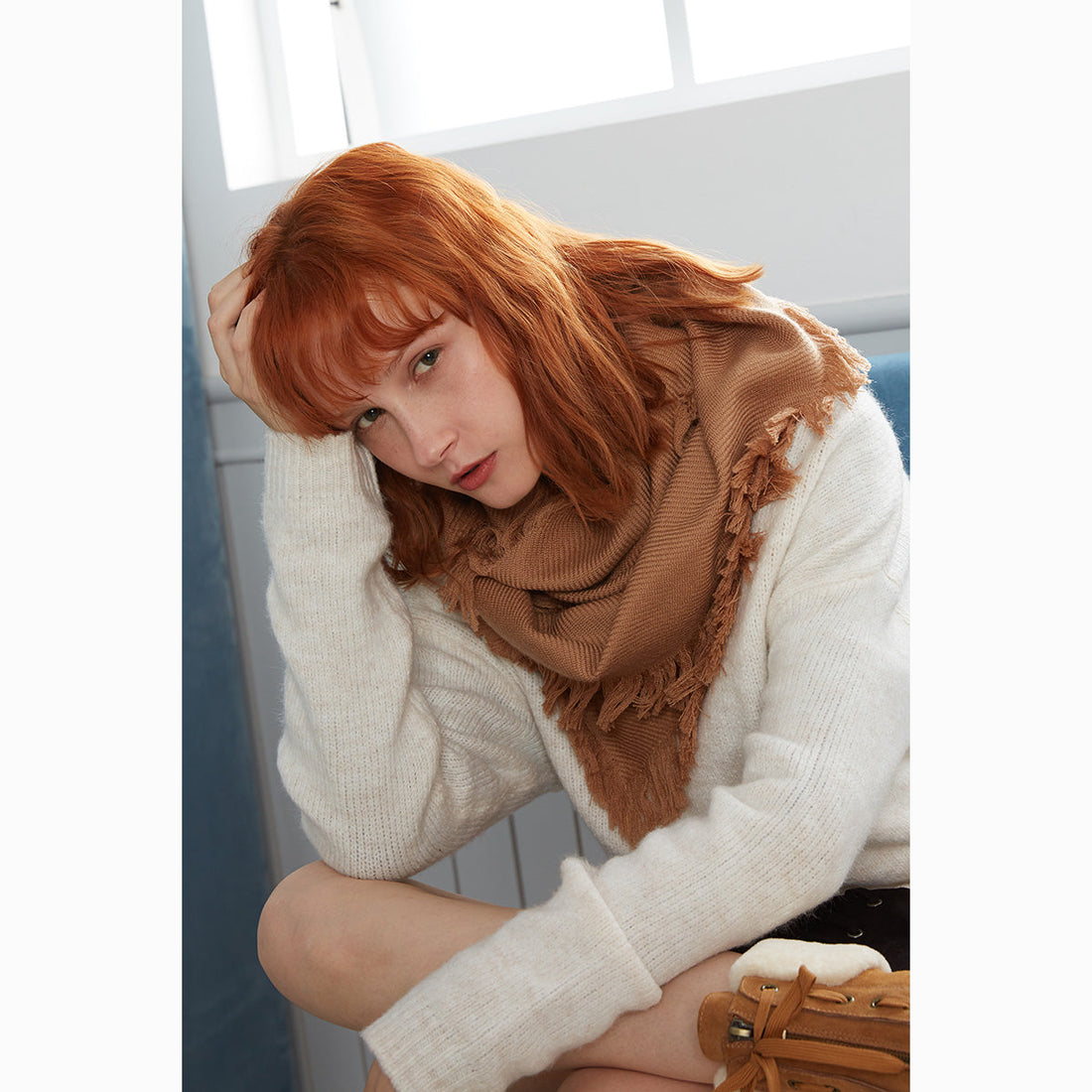 Ugg Fringed Check Wool Scarf Camel-Scarves-PEROZ Accessories