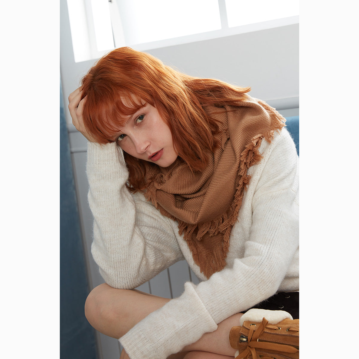 Ugg Fringed Check Wool Scarf Camel-Scarves-PEROZ Accessories