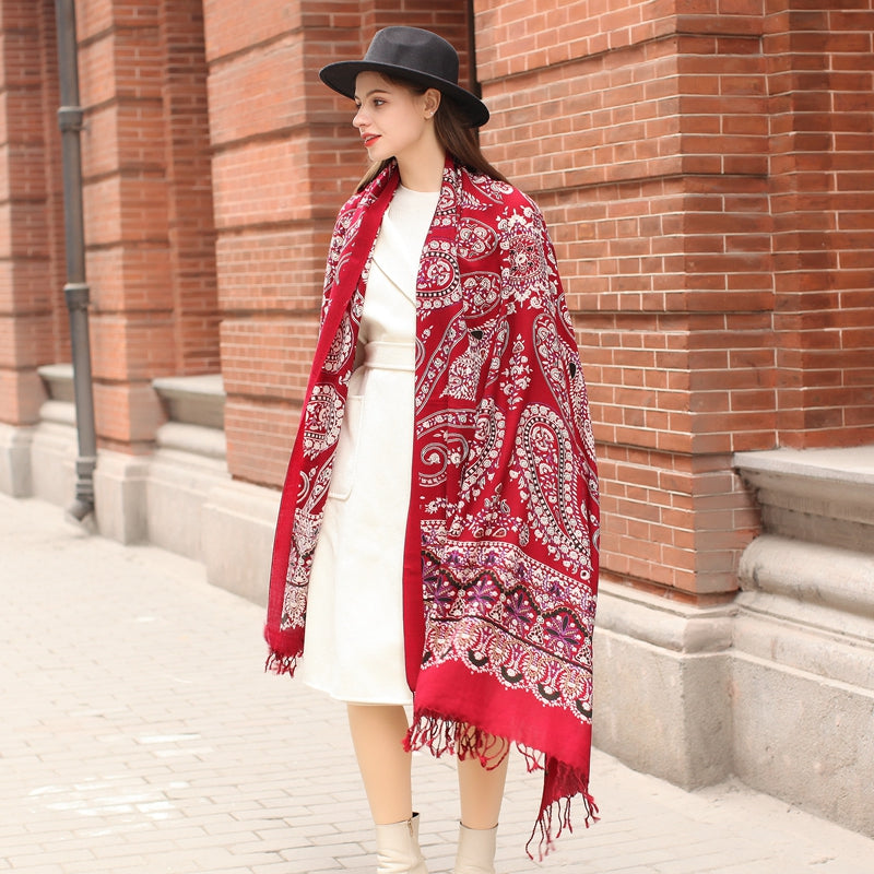 Anyyou 100% Merino Wool Claret Silk Satin Large Winter Scarf Pashmina Shawl Bandana Perfect For Women Ladies Fashion Style-Scarves-PEROZ Accessories