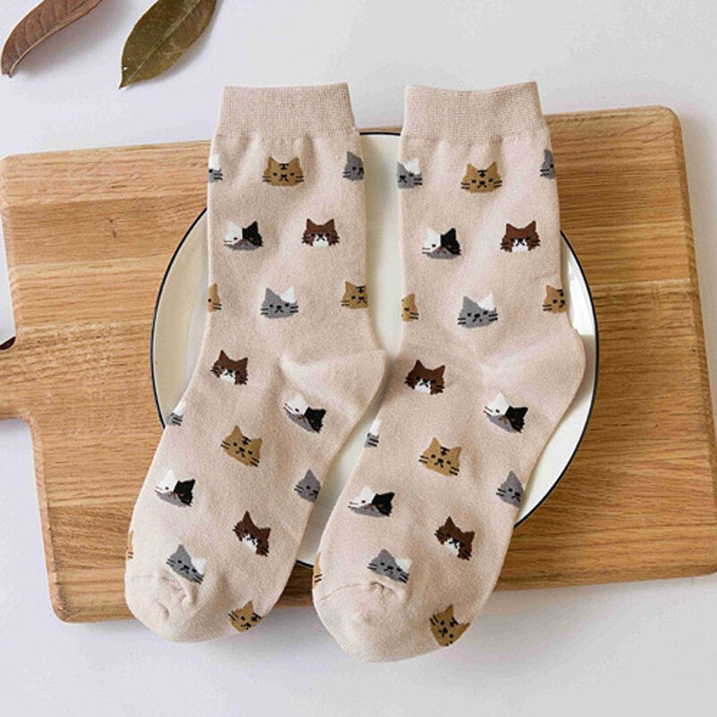Anysox 5 Pairs Size 5-9 Fashion Socks Thick Warm Cotton Cute Cartoon Cat Animal Ankle Short Casual for Ladies Girls Christmas Gifts Beige-Socks-PEROZ Accessories