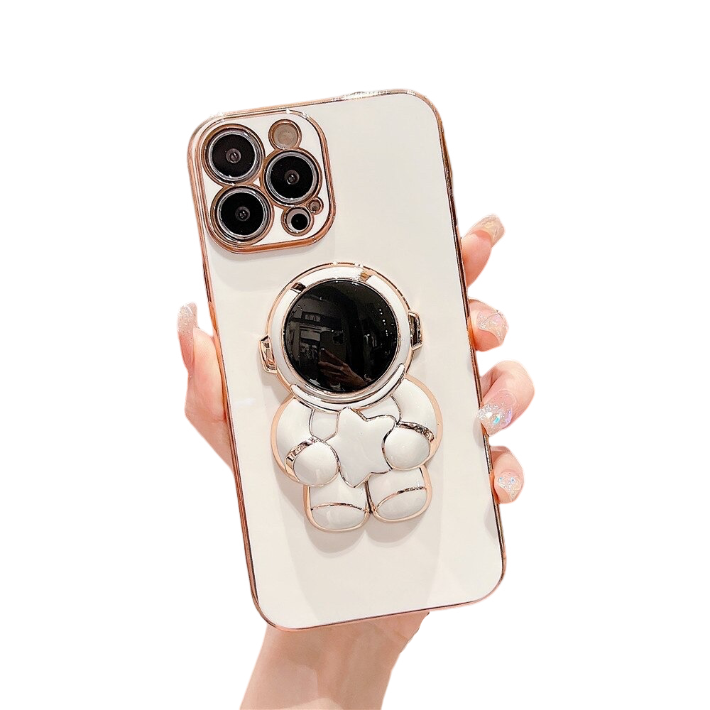 Anymob Astronaut iPhone Love Heart Holder White Protection Electroplated Phone Case Soft Silicone Shockproof Stand Back Cover Compatible-Mobile Phone Cases-PEROZ Accessories