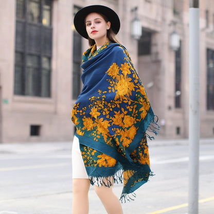 Anyyou 100% Merino Wool Yellow Blue Royal Silk Satin Large Winter Scarf Pashmina Shawl Bandana Perfect For Women Ladies Fashion Style-Scarves-PEROZ Accessories