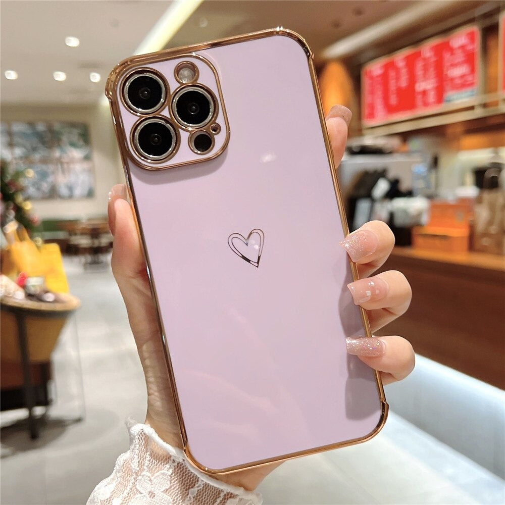 Anymob iPhone Case Pink Love Heart Gold Plating Soft Shockproof Cover iPhone 13 12 11 Pro Max X XS Max XR 12 13 2020 Compatible-Mobile Phone Cases-PEROZ Accessories