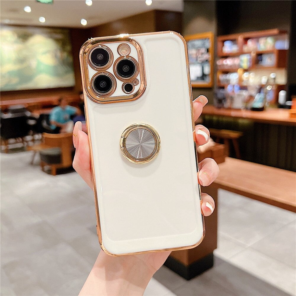 Anymob iPhone Case White Ring Holder Stand Electroplating Side Heart Pattern Silicone Soft Phone Back Cover For iPhone-Mobile Phone Cases-PEROZ Accessories