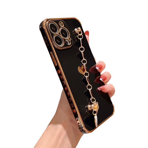 Anymob iPhone Black Wrist Chain Soft Silicone Case Love Heart Side Pattern Plating Phone Cover-Mobile Phone Cases-PEROZ Accessories