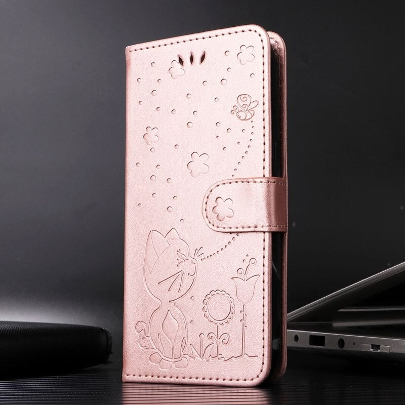 Anymob Samsung Case Light Pink Flip Leather 3D Cat Embossed PU Leather Wallet Cover Protection-Mobile Phone Cases-PEROZ Accessories