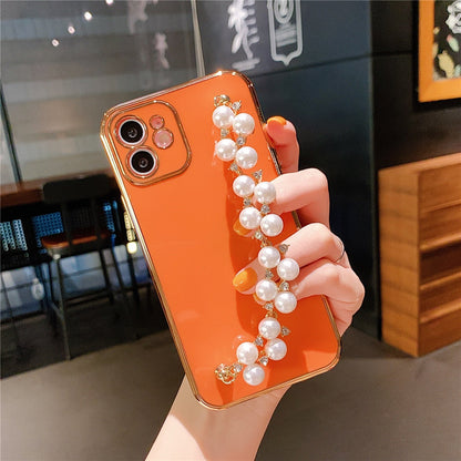 Anymob iPhone Case Orange Plating Pearl Chain Wrist Band Soft Silicone Cover-Mobile Phone Cases-PEROZ Accessories