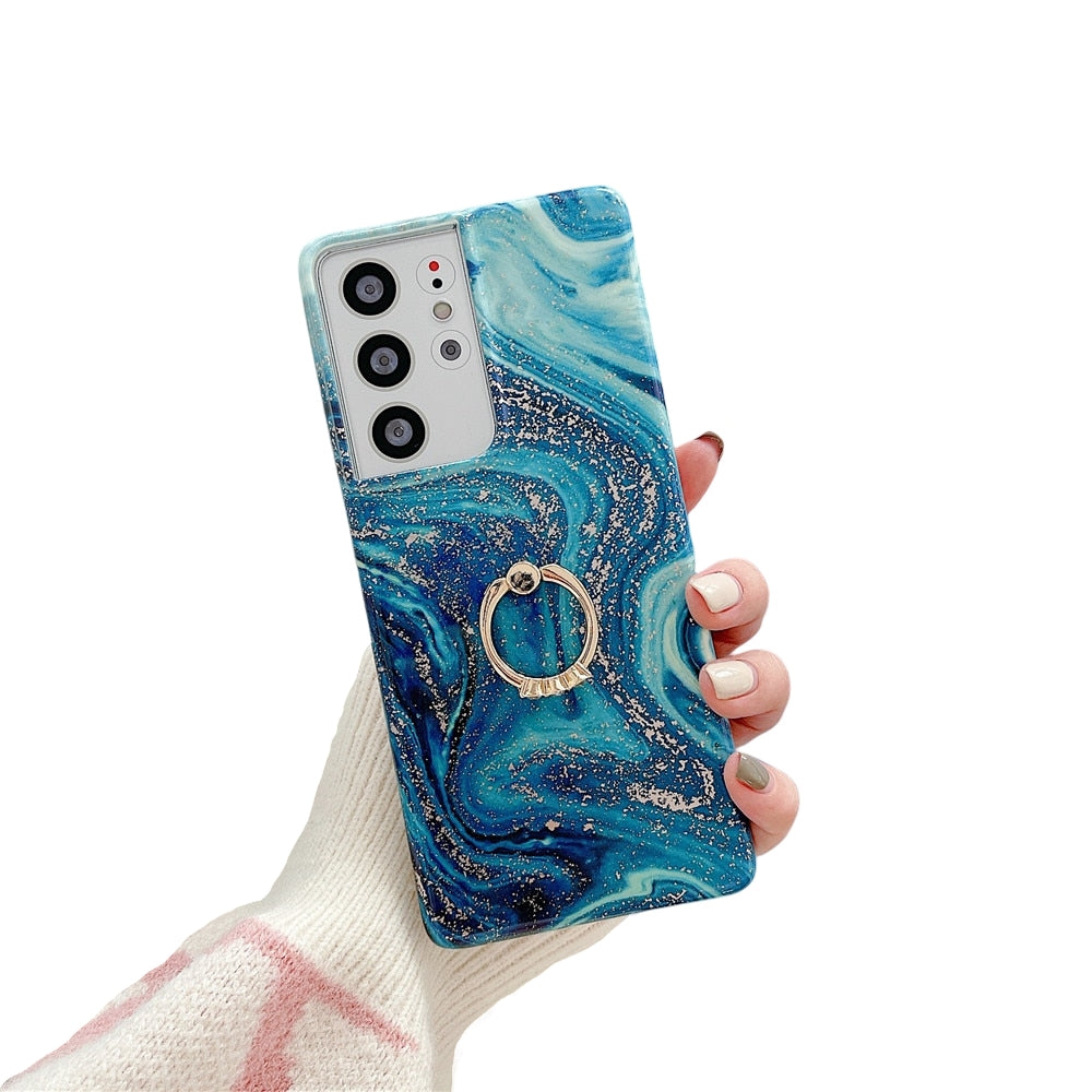 Anymob Samsung Blue And Gold Silicon Case Glitter Marble Finger Ring Bracket Holder Phone Cover-Mobile Phone Cases-PEROZ Accessories
