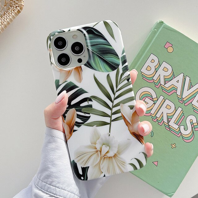 Anymob iPhone Case Green Floral Retro White Orchid Flower Silicone Plus Silky Design Shockproof Phone Cover iPhone Compatible-Mobile Phone Cases-PEROZ Accessories