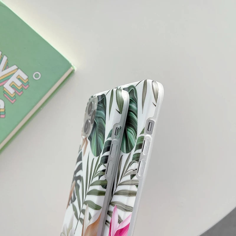 Anymob iPhone Case Green Floral Retro White Orchid Flower Silicone Plus Silky Design Shockproof Phone Cover iPhone Compatible-Mobile Phone Cases-PEROZ Accessories