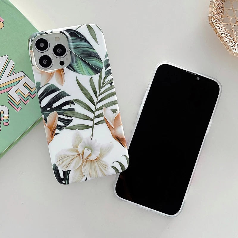 Anymob iPhone Case Green Floral Retro White Orchid Flower Silicone Plus Silky Design Shockproof Phone Cover iPhone Compatible-Mobile Phone Cases-PEROZ Accessories