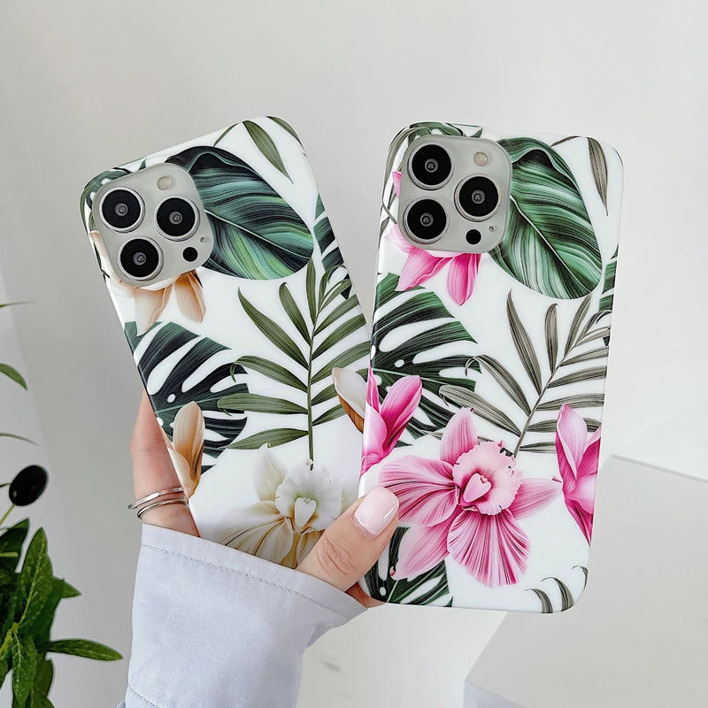 Anymob iPhone Case Green Floral Retro White Orchid Flower Silicone Plus Silky Design Shockproof Phone Cover iPhone Compatible-Mobile Phone Cases-PEROZ Accessories