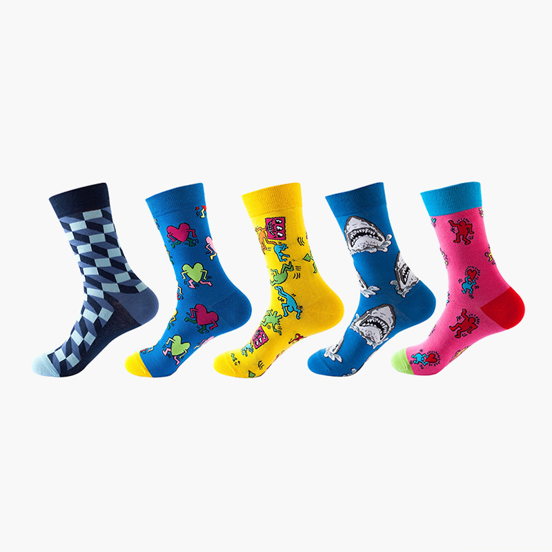 Anysox 5 Pairs One Size 5-11 Mixed Color Set Christmas Socks Cotton Fashion Shark Woman Skateboard Oil Paitiing-Socks-PEROZ Accessories