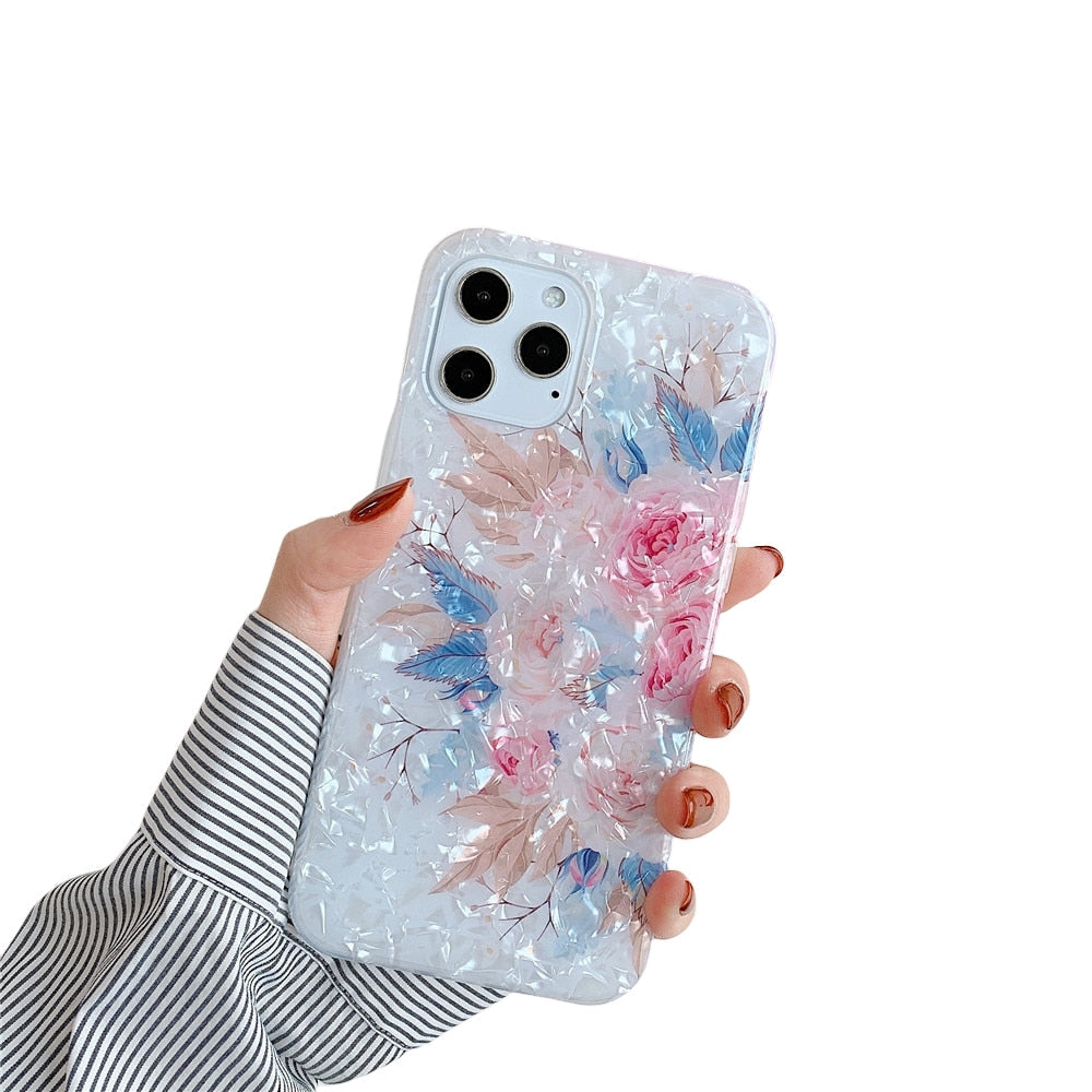 Anymob iPhone Rose Pink Shell Pattern Flowers Phone Cover With Ring Holder-Mobile Phone Cases-PEROZ Accessories