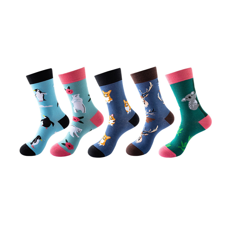 Anysox 5 Pairs One Size 5-11 Mixed Color Set Christmas Socks Cotton Fashion Random Animals Woman Skateboard Oil Paitiing-Socks-PEROZ Accessories
