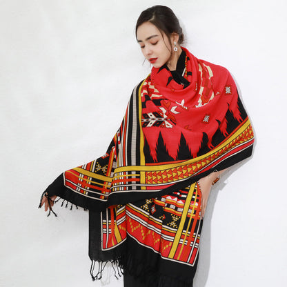 Anyyou 100% Merino Wool Red Native West Silk Satin Large Winter Scarf Pashmina Shawl Bandana Perfect For Women Ladies Fashion Style-Scarves-PEROZ Accessories