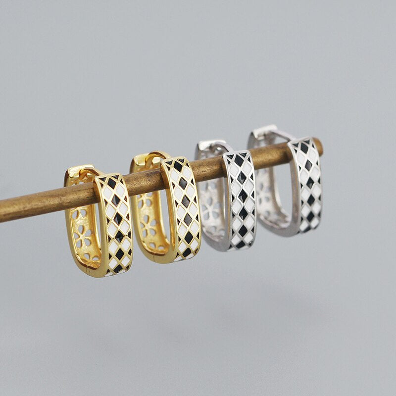 Anyco Hoop Fashion Earrings Statement Checkerboard Enamel Ear Buckle Women Charms Punk Party Jewelry Gold-Earrings-PEROZ Accessories