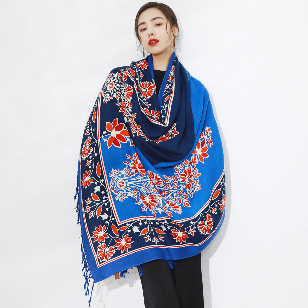 Anyyou 100% Merino Wool Royal Blue Garden Neck Wrap Silk Satin Large Winter Scarf Pashmina Shawl Bandana Perfect For Women Ladies Fashion Style-Scarves-PEROZ Accessories