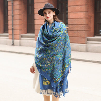 Anyyou 100% Merino Wool French Blue Silk Satin Large Winter Scarf Pashmina Shawl Bandana Perfect For Women Ladies Fashion Style-Scarves-PEROZ Accessories