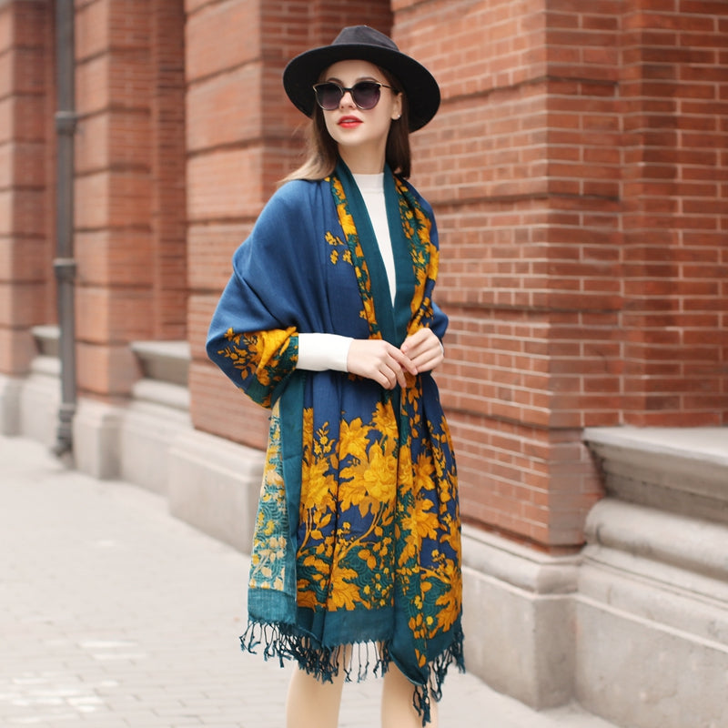 Anyyou 100% Merino Wool Yellow Blue Royal Silk Satin Large Winter Scarf Pashmina Shawl Bandana Perfect For Women Ladies Fashion Style-Scarves-PEROZ Accessories