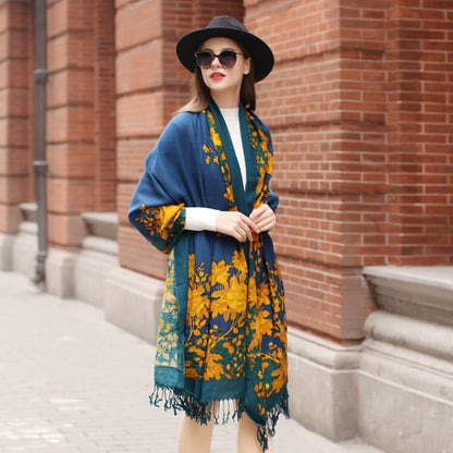 Anyyou 100% Merino Wool Yellow Blue Royal Silk Satin Large Winter Scarf Pashmina Shawl Bandana Perfect For Women Ladies Fashion Style-Scarves-PEROZ Accessories